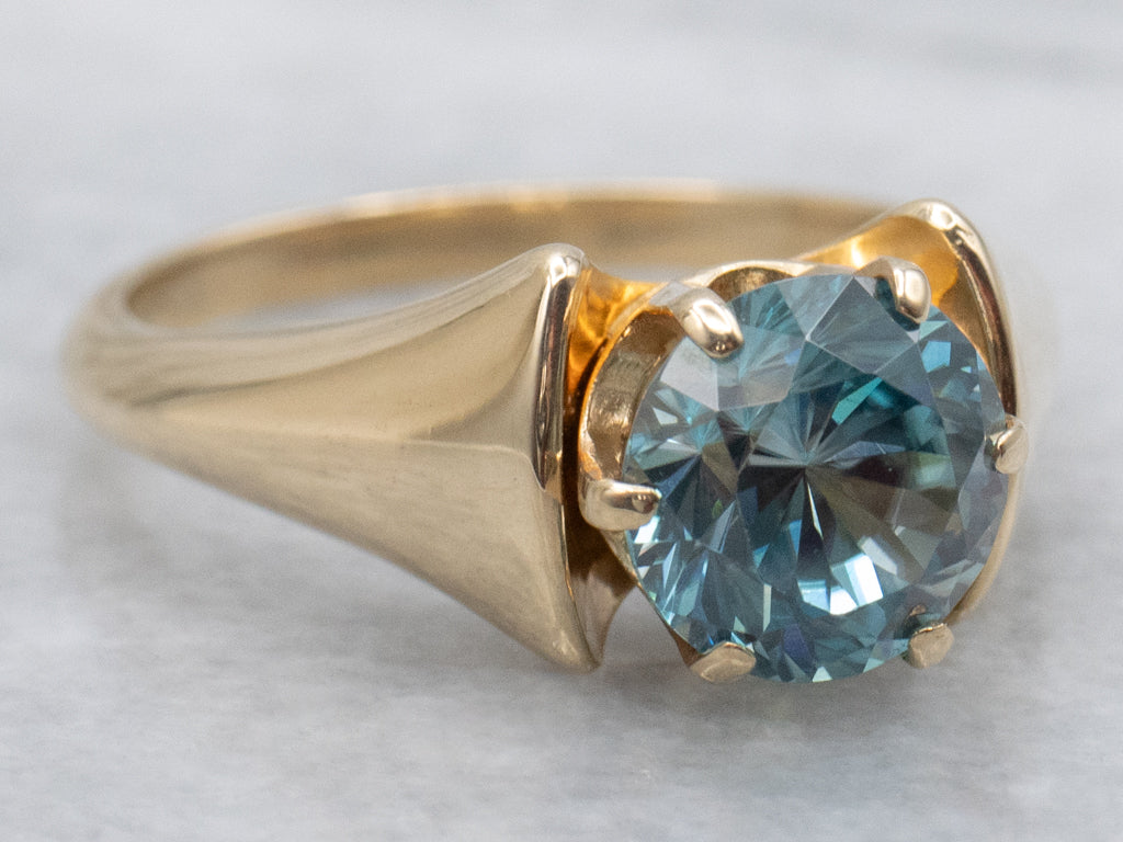 Unisex Blue Zircon Yellow Gold Solitaire Ring