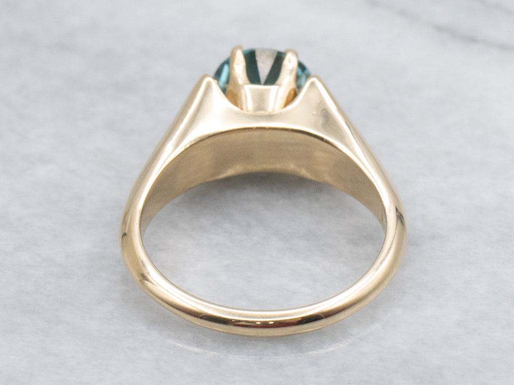 Unisex Blue Zircon Yellow Gold Solitaire Ring
