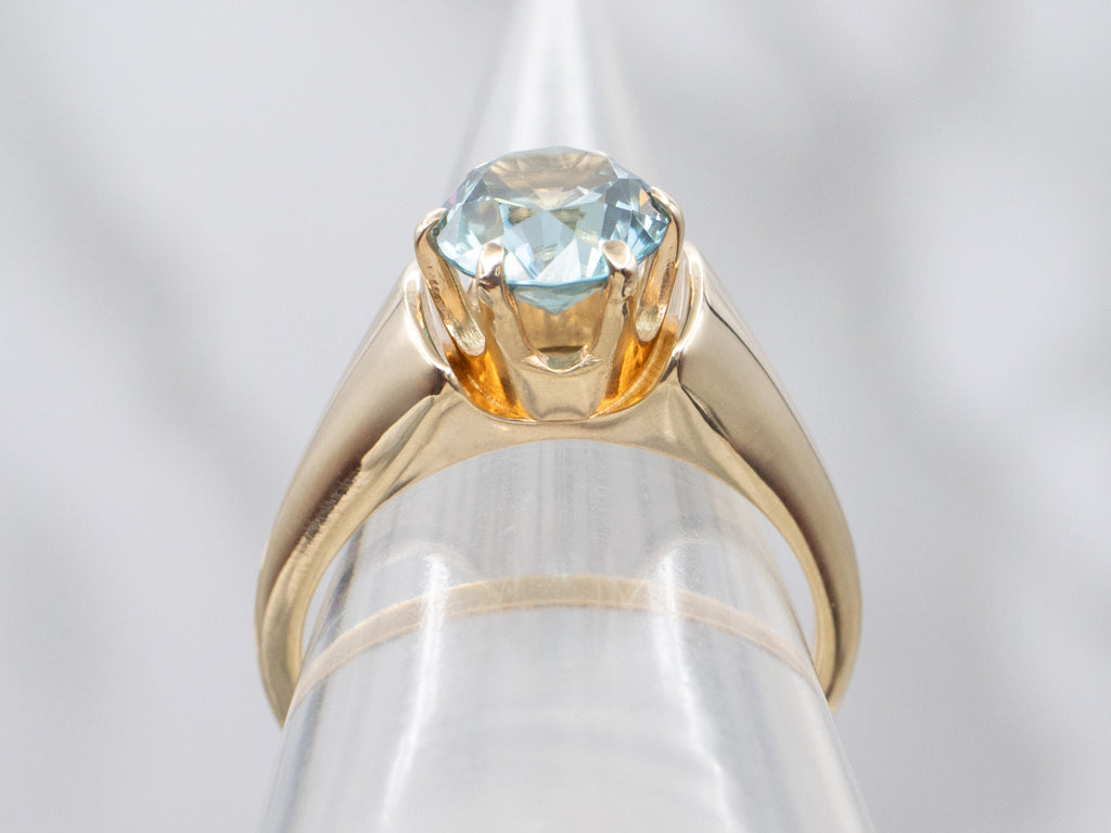 Unisex Blue Zircon Yellow Gold Solitaire Ring