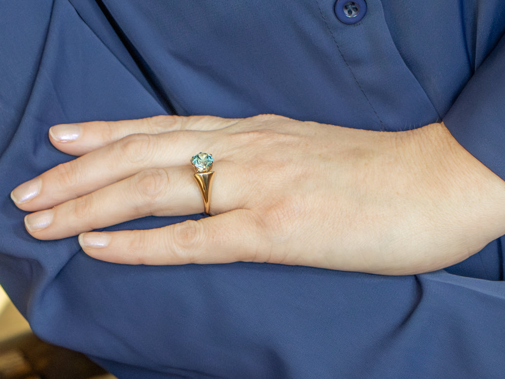 Unisex Blue Zircon Yellow Gold Solitaire Ring