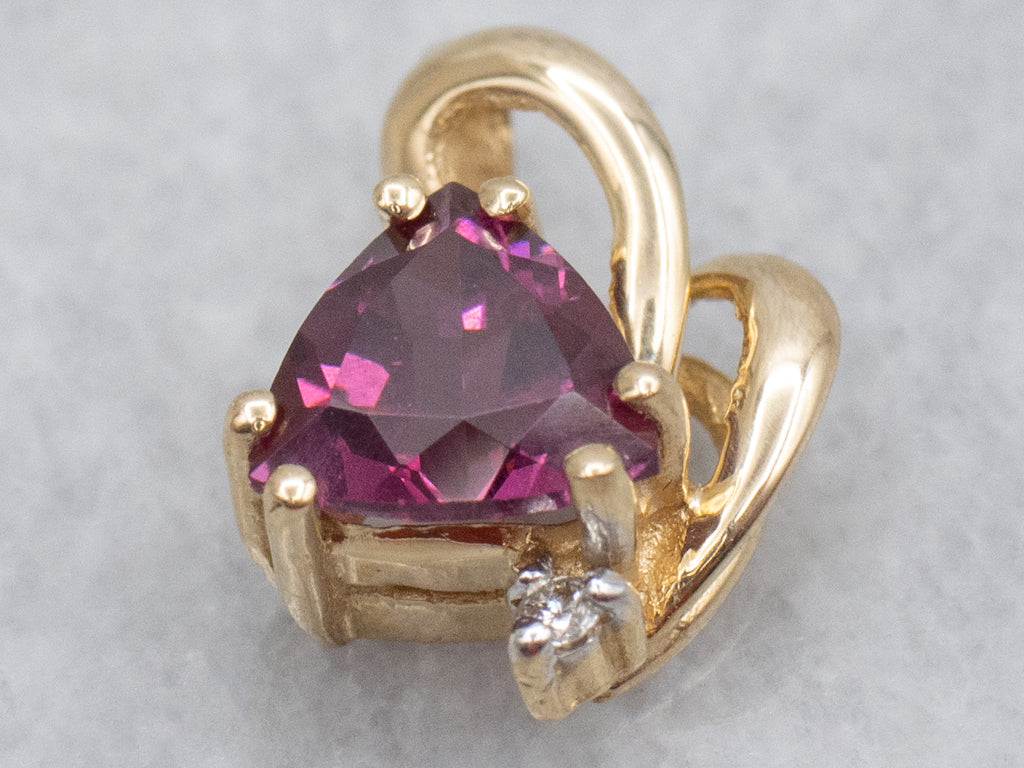 Trillion-Cut Rhodolite Garnet and Diamond Looping Gold Pendant