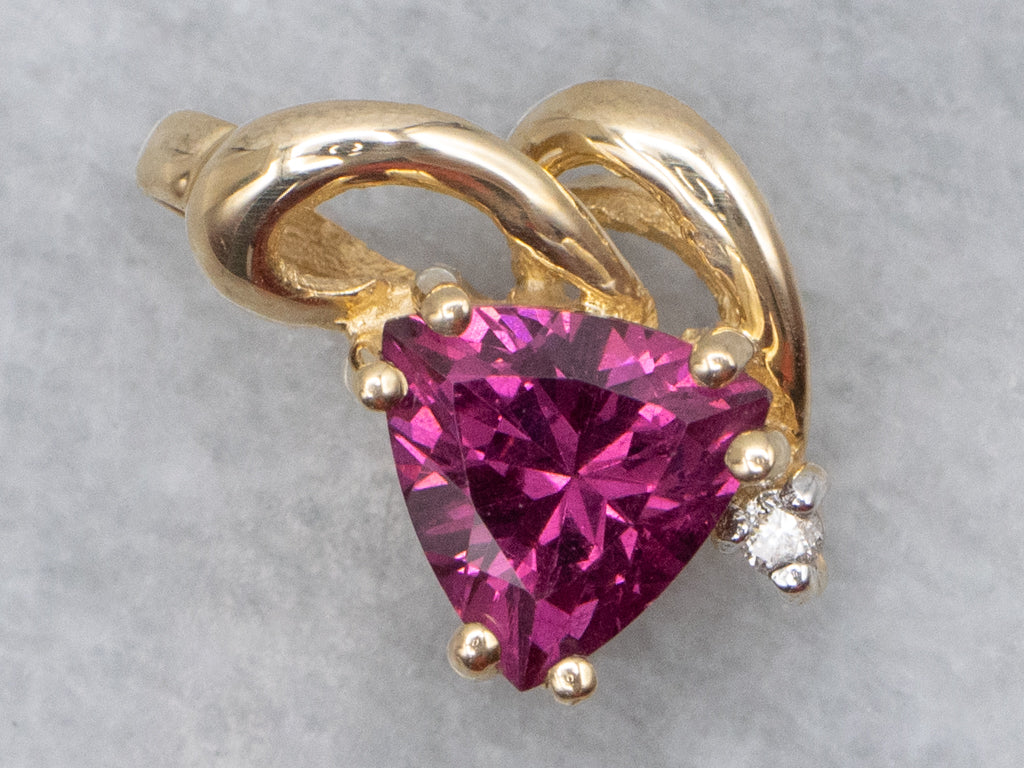 Trillion-Cut Rhodolite Garnet and Diamond Looping Gold Pendant