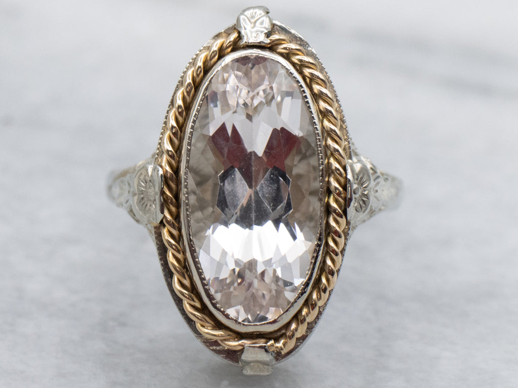 Mix-Era Elongated Morganite Two-Tone Filigree Ring