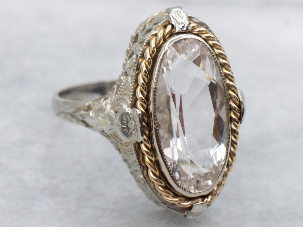 Mix-Era Elongated Morganite Two-Tone Filigree Ring