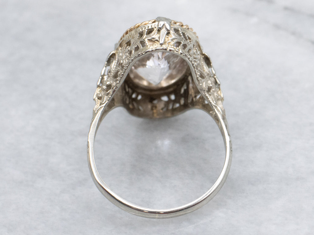 Mix-Era Elongated Morganite Two-Tone Filigree Ring