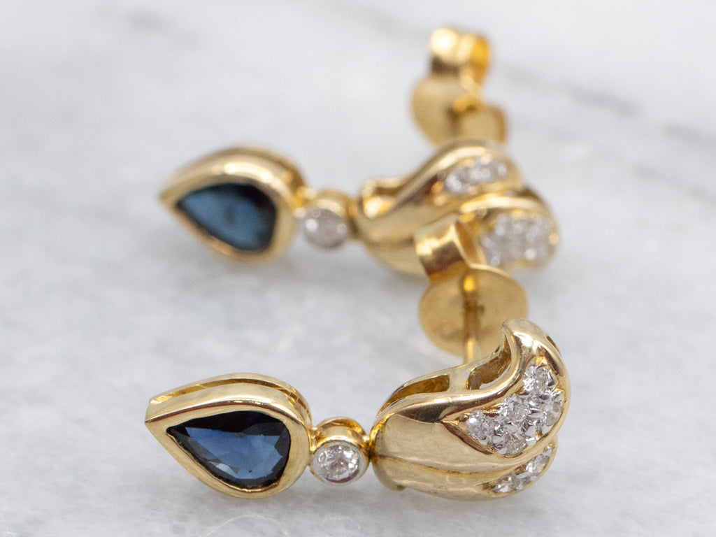 Pear-Cut Sapphire and Diamond Modern Gold Stud Earrings