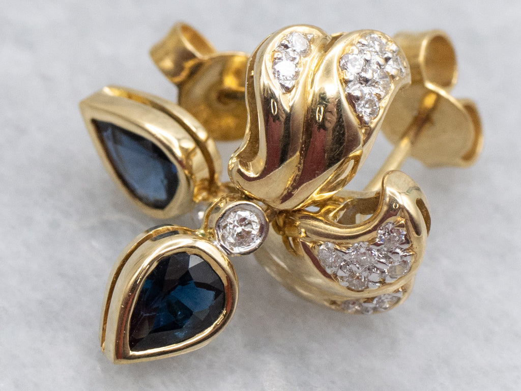 Pear-Cut Sapphire and Diamond Modern Gold Stud Earrings