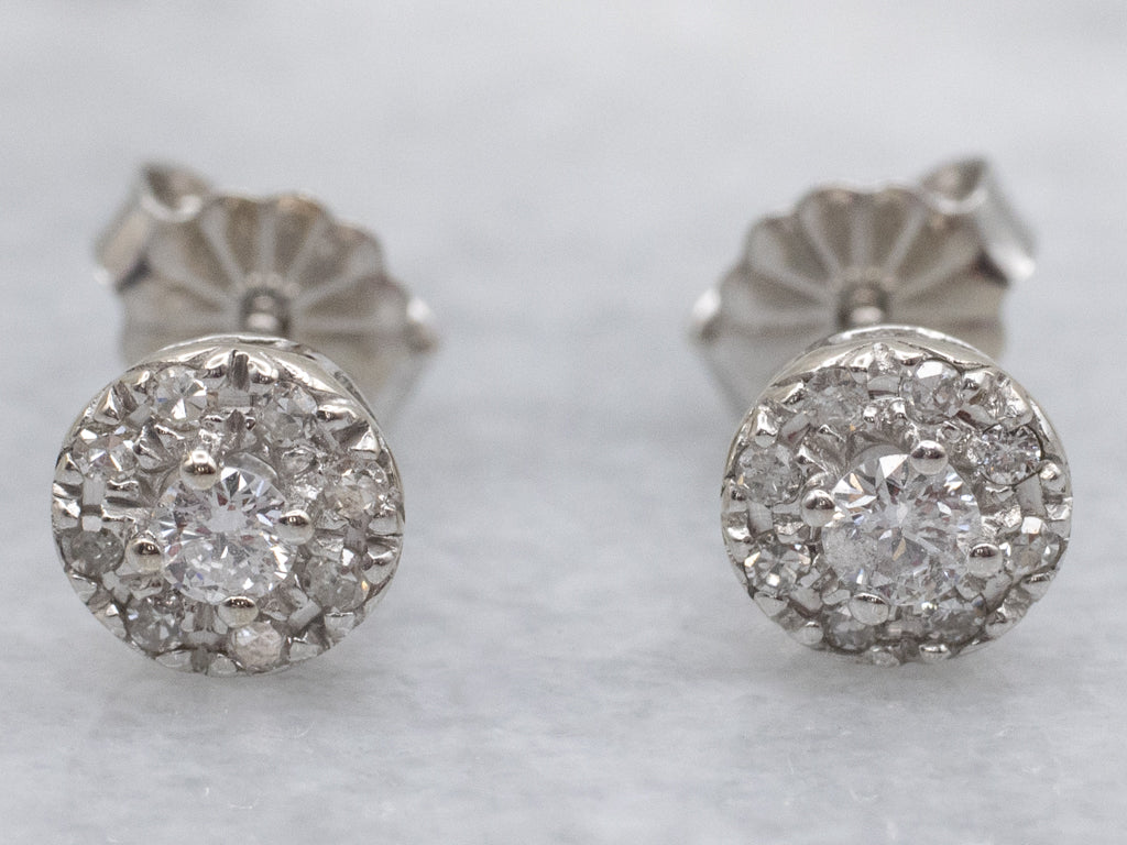 Polished White Gold Round Brilliant Diamond Halo Stud Earrings