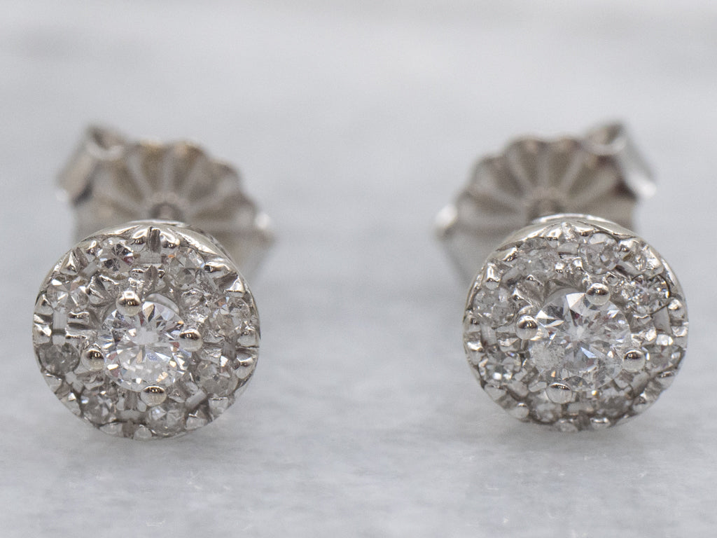 Polished White Gold Round Brilliant Diamond Halo Stud Earrings