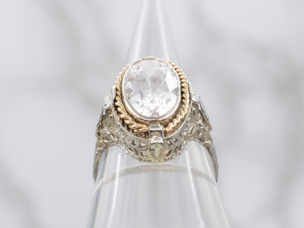Mix-Era Elongated Morganite Two-Tone Filigree Ring