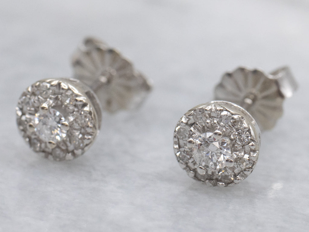 Polished White Gold Round Brilliant Diamond Halo Stud Earrings