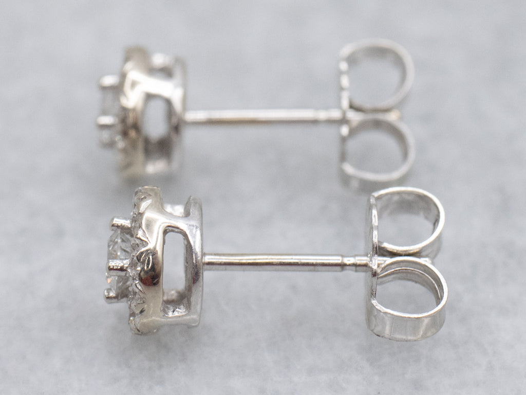 Polished White Gold Round Brilliant Diamond Halo Stud Earrings