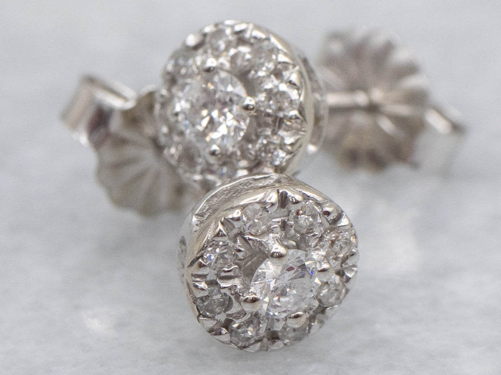 Polished White Gold Round Brilliant Diamond Halo Stud Earrings