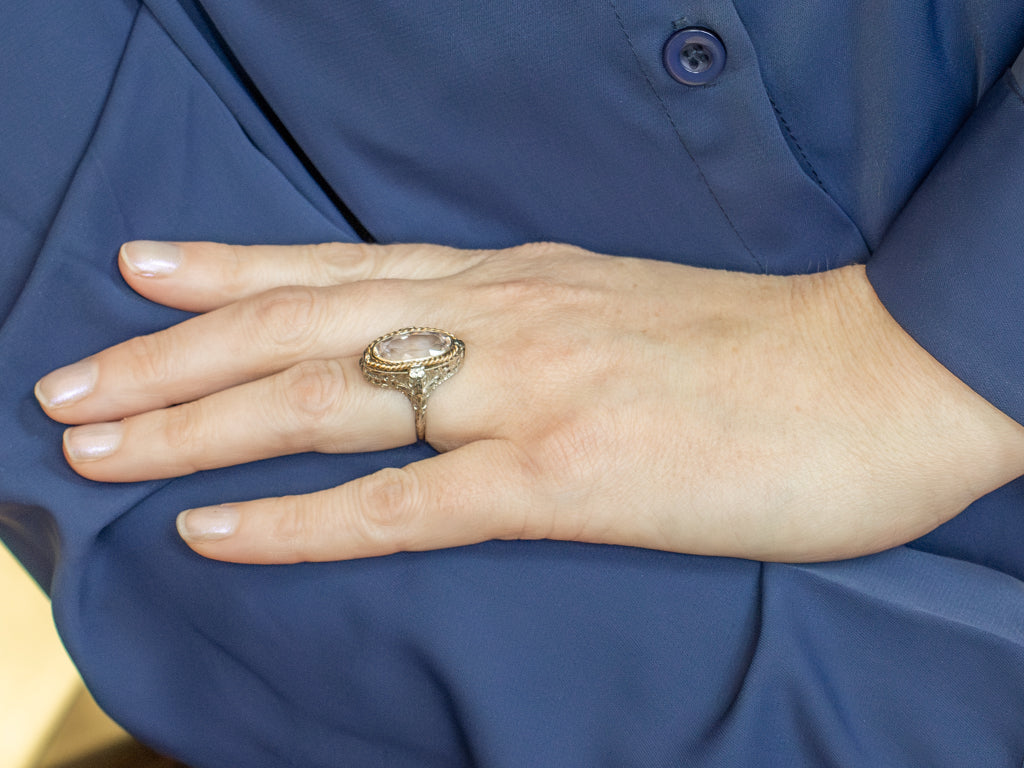 Mix-Era Elongated Morganite Two-Tone Filigree Ring