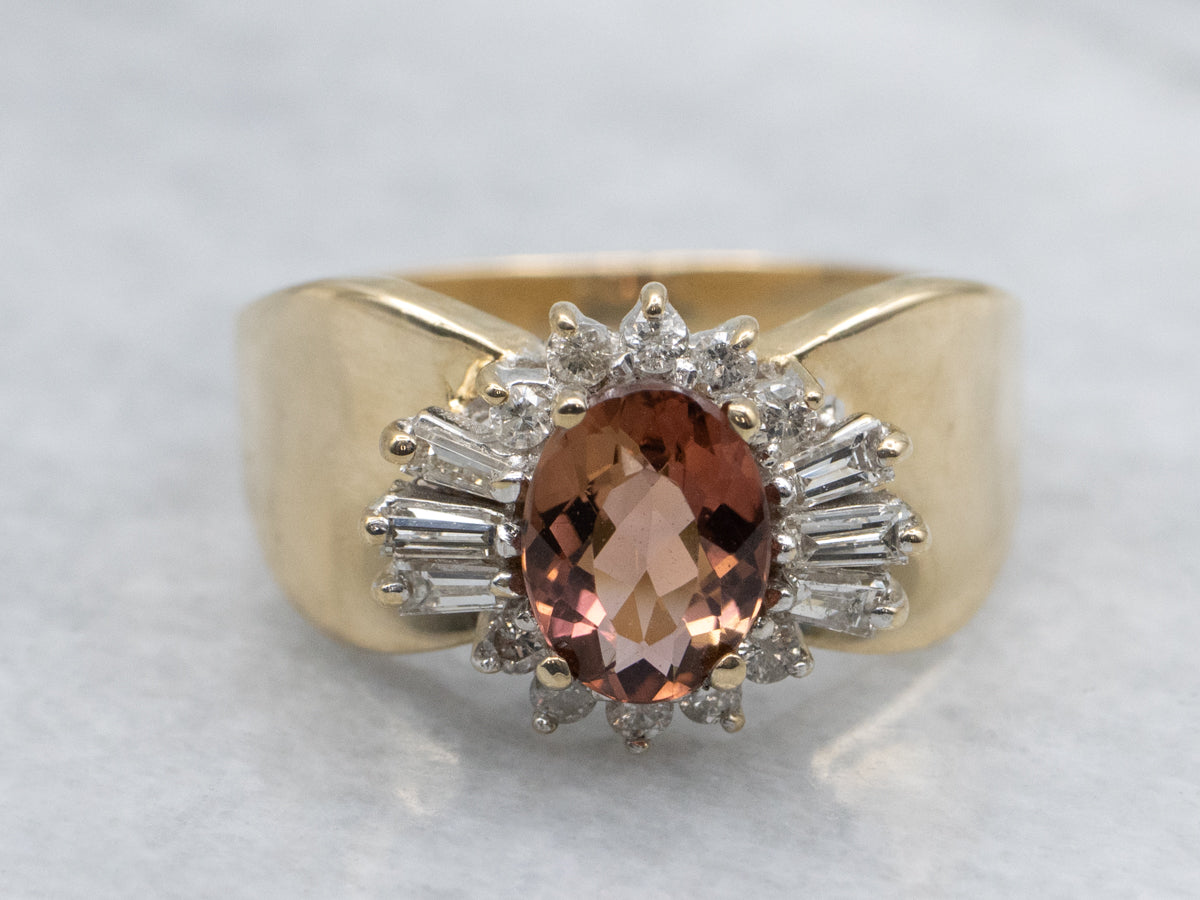 Pink Tourmaline Mix-Cut Diamond Halo Ring
