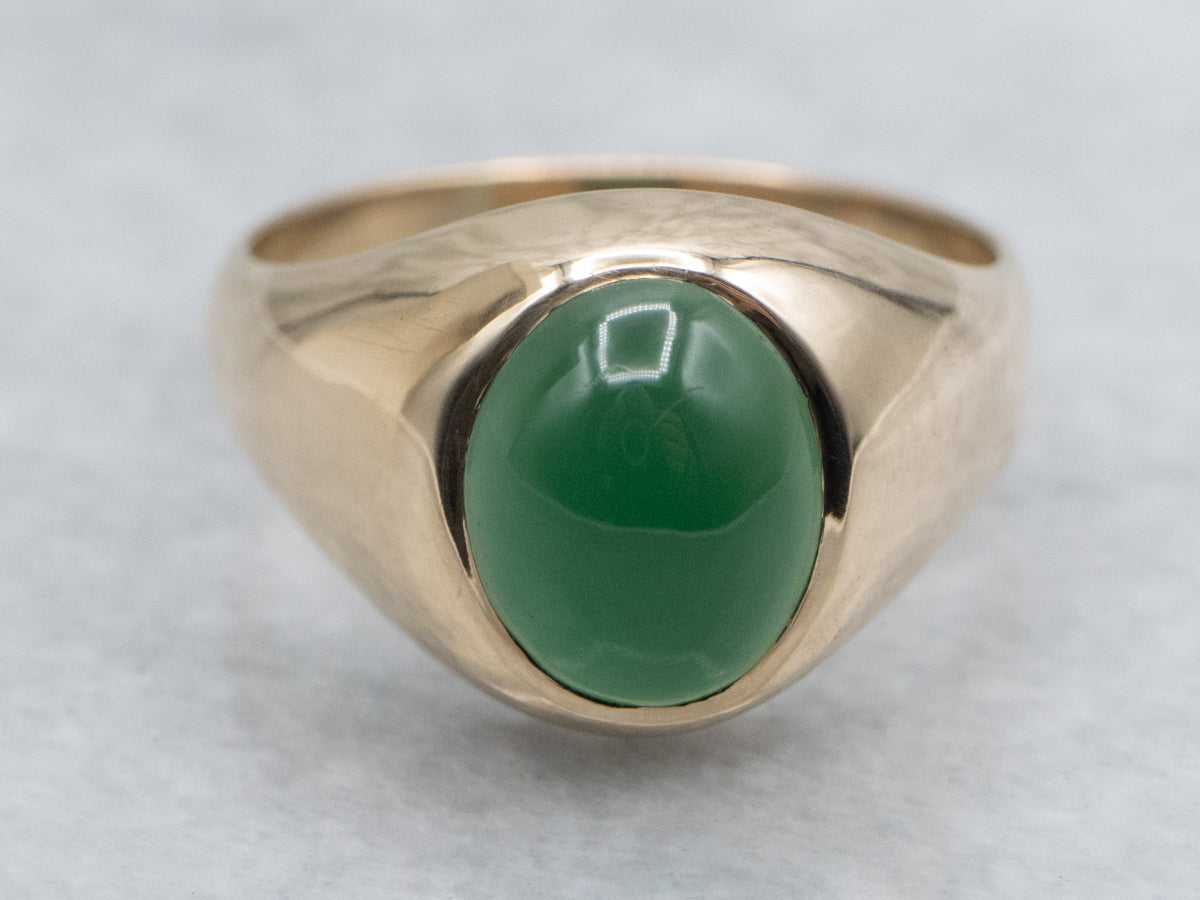 Unisex Green Onyx and Gold Cabochon Ring