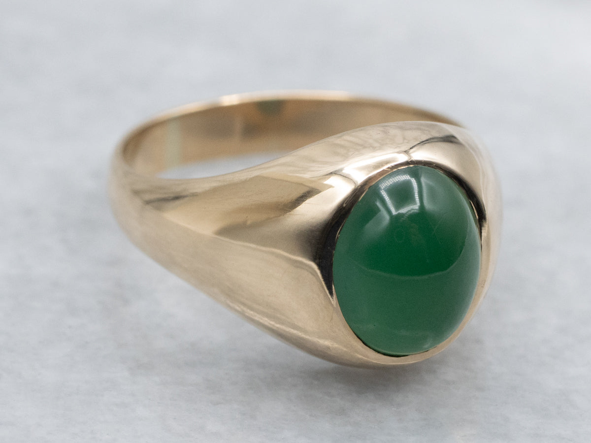 Unisex Green Onyx and Gold Cabochon Ring