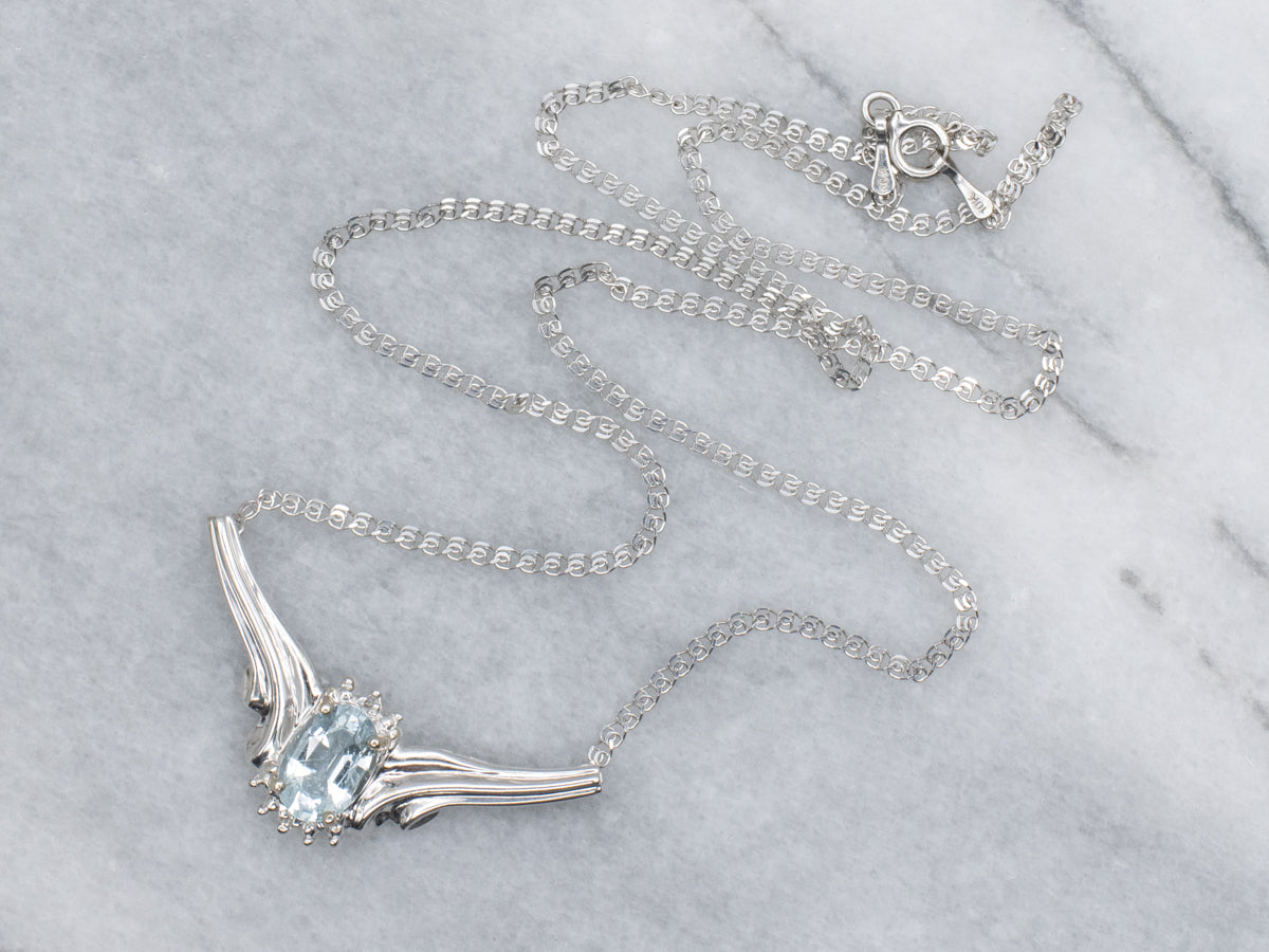White Gold Aquamarine and Diamond Pendant Necklace