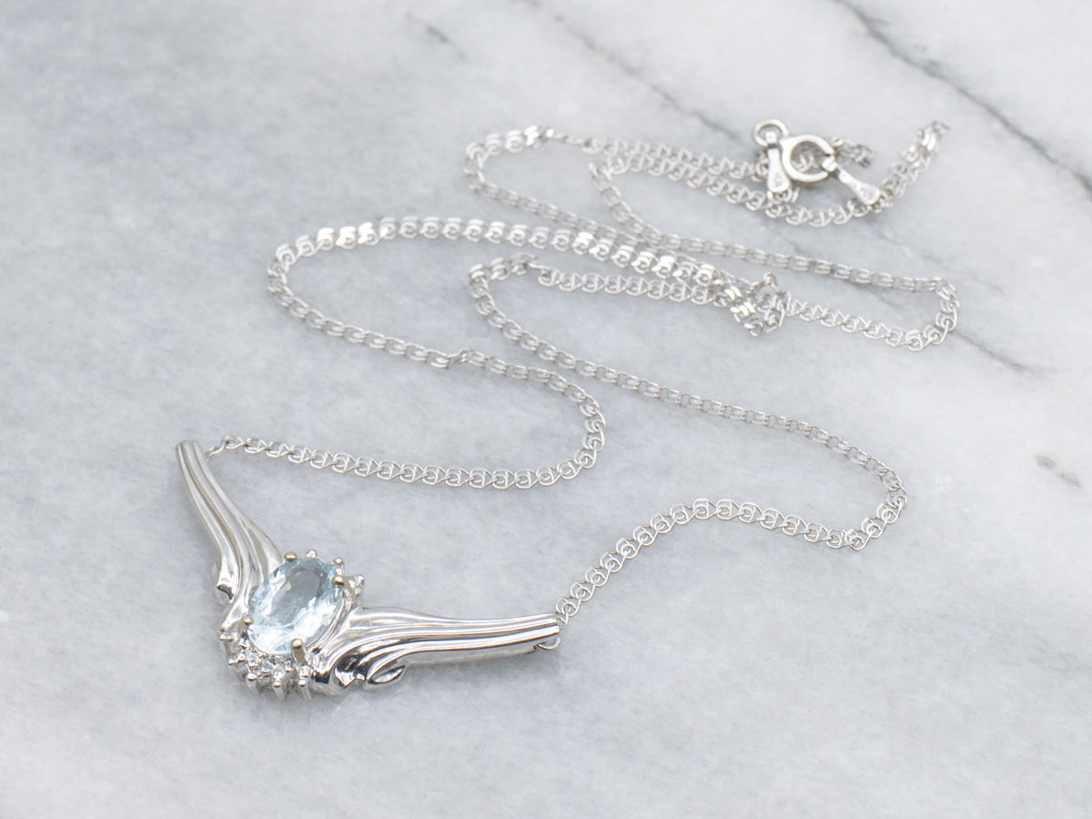 White Gold Aquamarine and Diamond Pendant Necklace