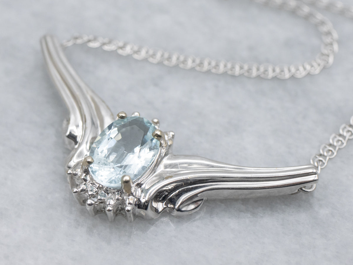 White Gold Aquamarine and Diamond Pendant Necklace