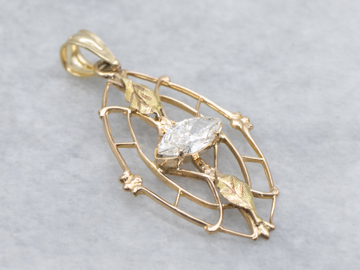 East-to-West Marquise Cut Diamond Antique Gold Pendant