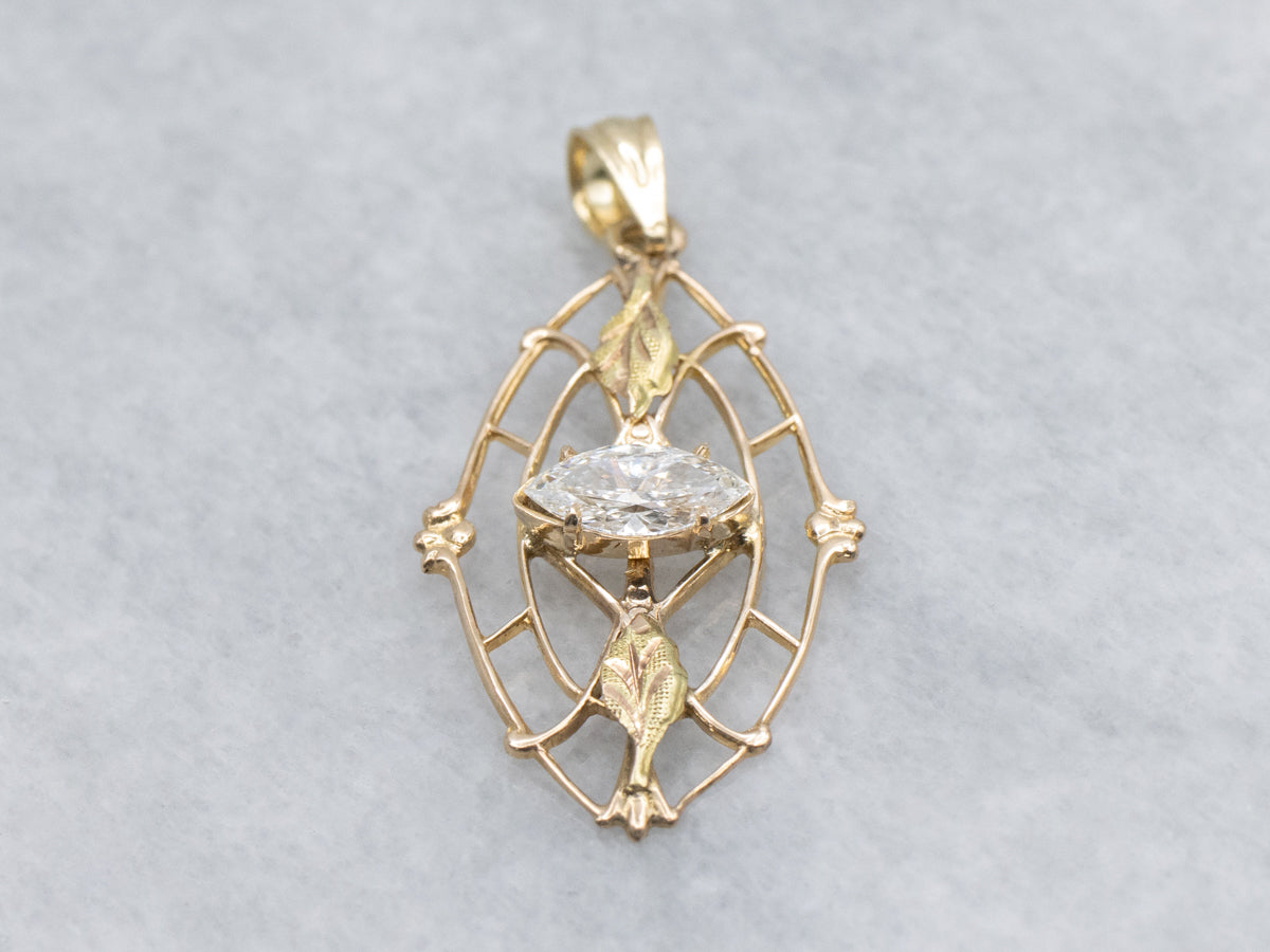 East-to-West Marquise Cut Diamond Antique Gold Pendant