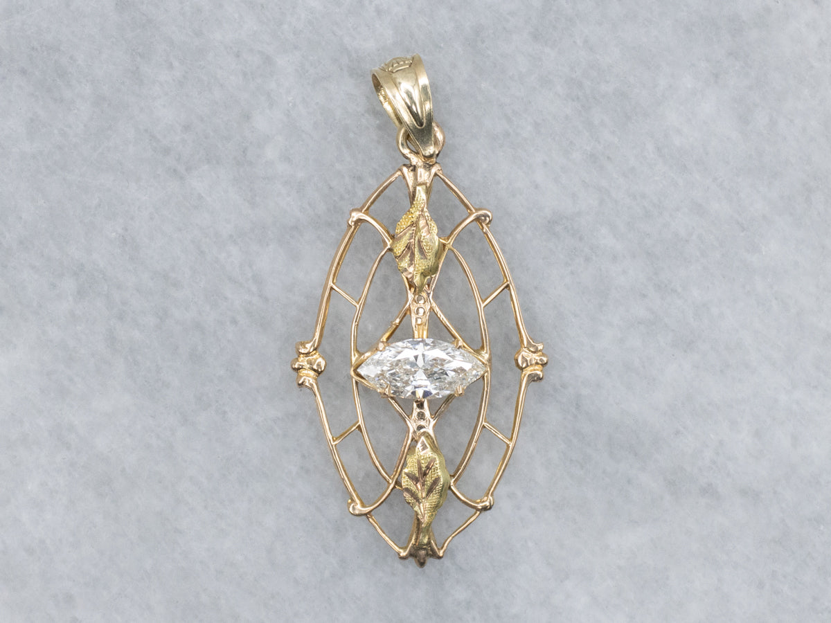 East-to-West Marquise Cut Diamond Antique Gold Pendant
