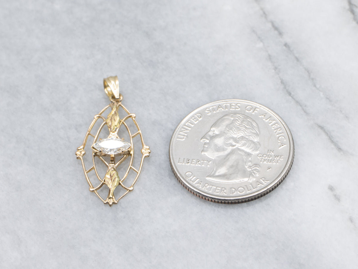 East-to-West Marquise Cut Diamond Antique Gold Pendant