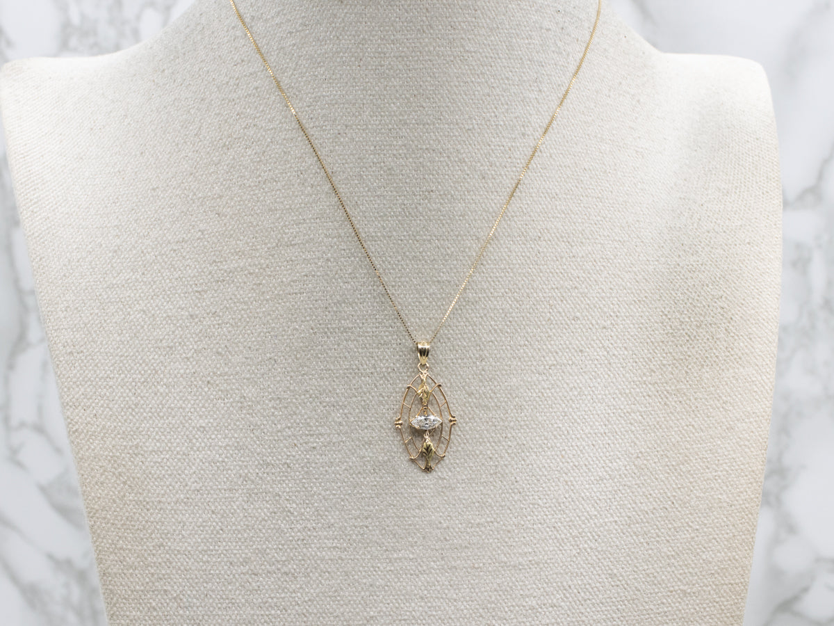 East-to-West Marquise Cut Diamond Antique Gold Pendant