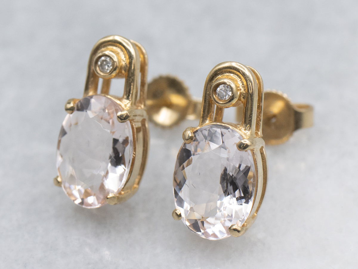 Light-Pink Morganite and Diamond Yellow Gold Stud Earrings