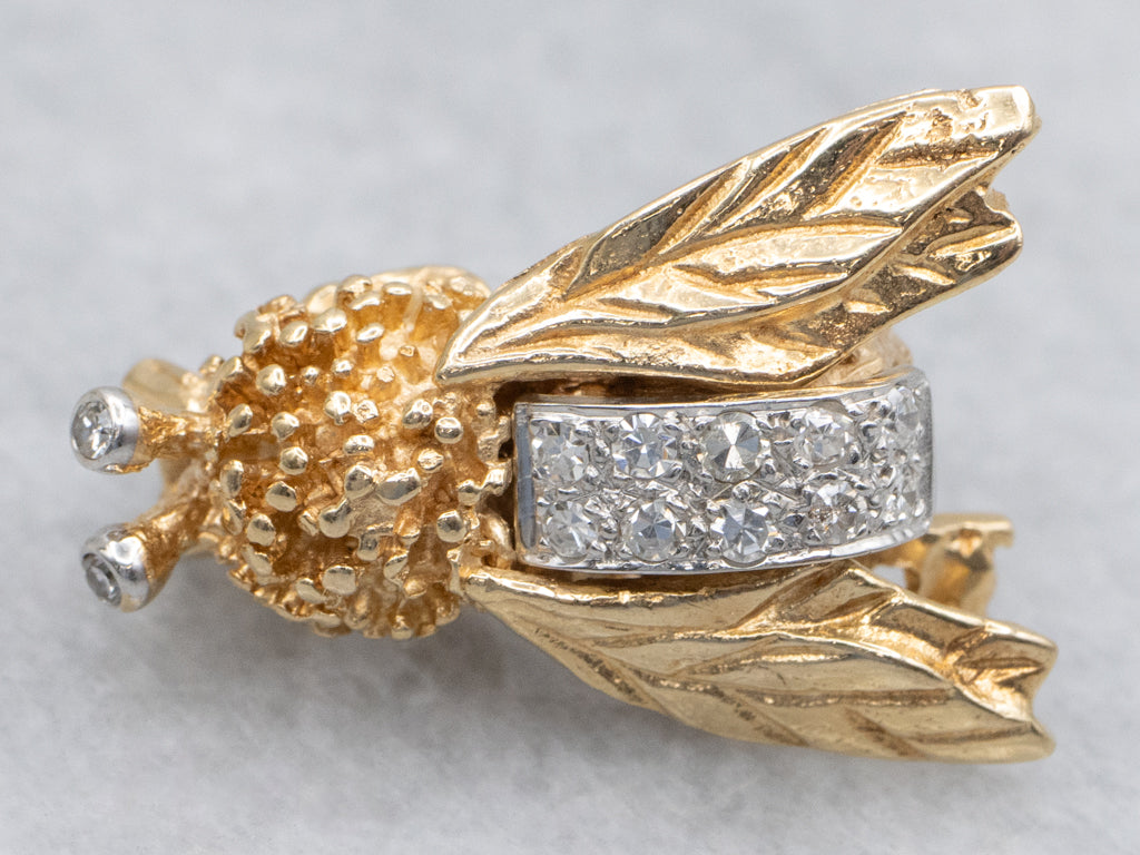 Diamond Yellow Gold and Platinum Flying Insect Pin