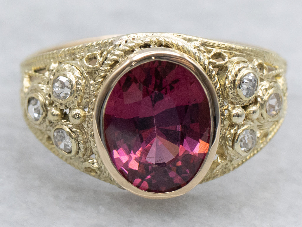 Pink Garnet and Old Mine Cut Diamond Yellow Gold Filigree Ring