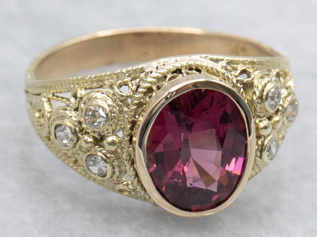 Pink Garnet and Old Mine Cut Diamond Yellow Gold Filigree Ring
