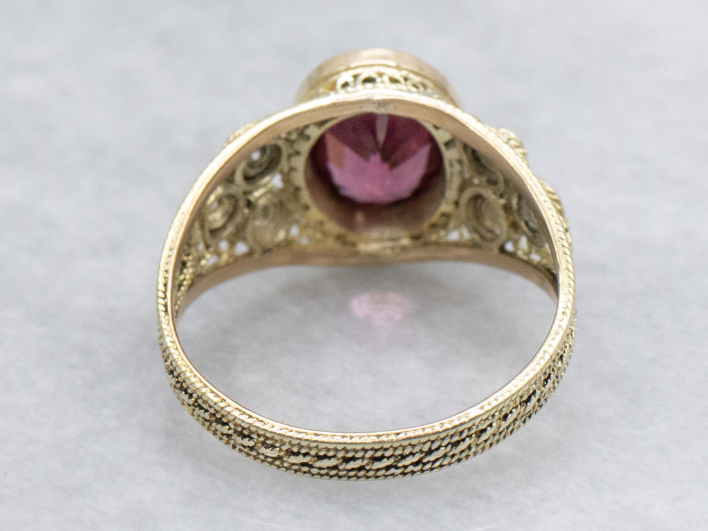 Pink Garnet and Old Mine Cut Diamond Yellow Gold Filigree Ring