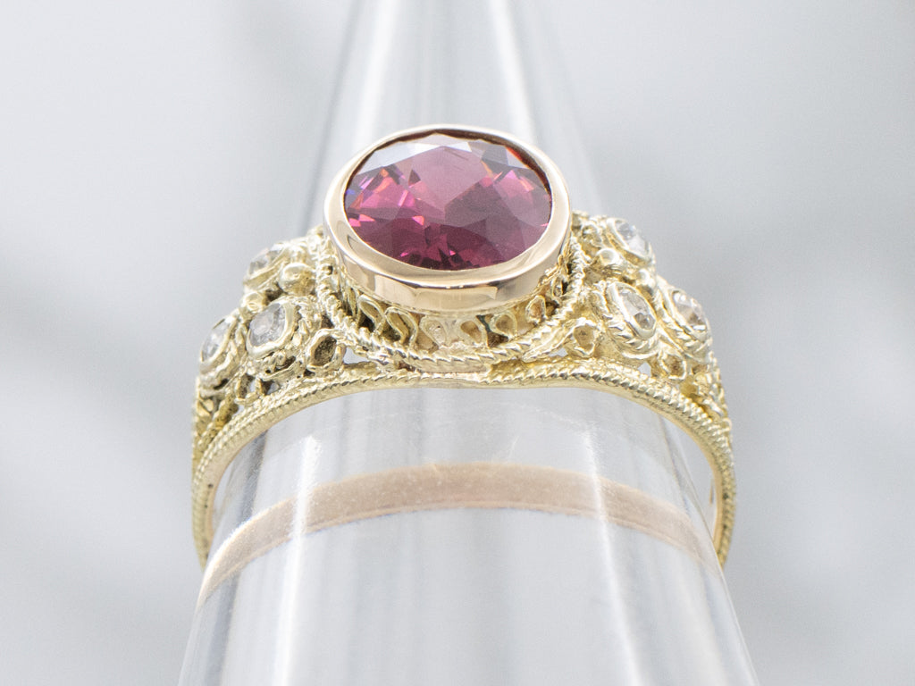 Pink Garnet and Old Mine Cut Diamond Yellow Gold Filigree Ring
