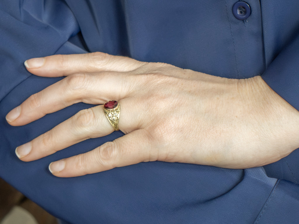 Pink Garnet and Old Mine Cut Diamond Yellow Gold Filigree Ring