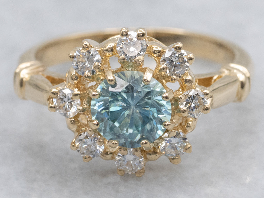 Blue Zircon and Diamond Halo Peverly Ring by Elizabeth Henry