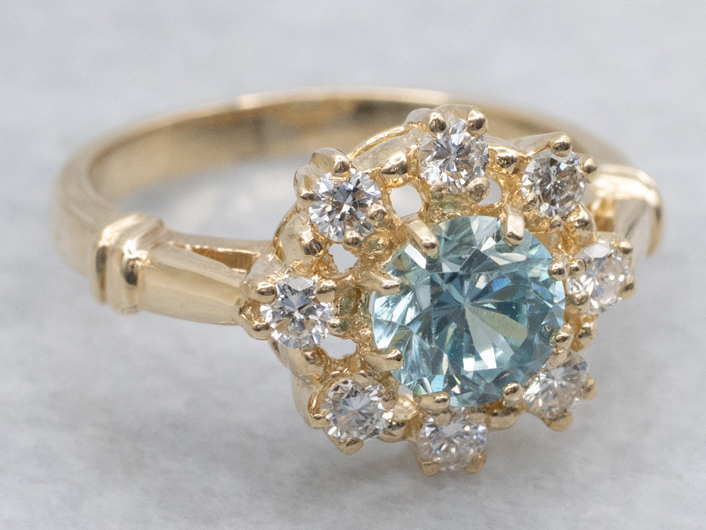 Blue Zircon and Diamond Halo Peverly Ring by Elizabeth Henry