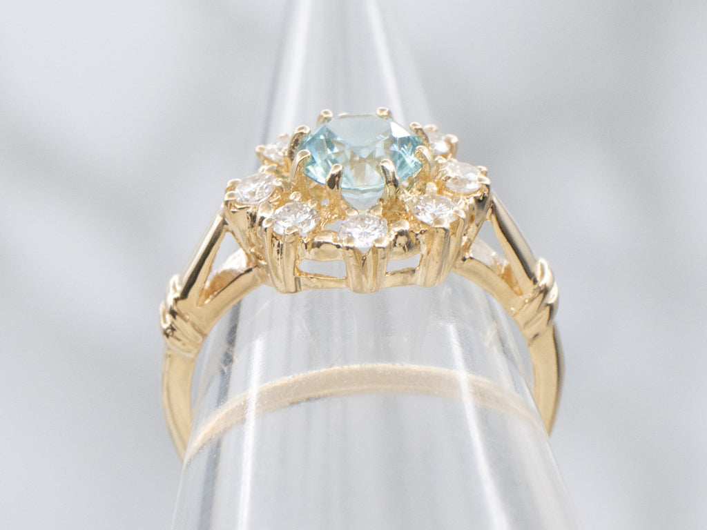 Blue Zircon and Diamond Halo Peverly Ring by Elizabeth Henry