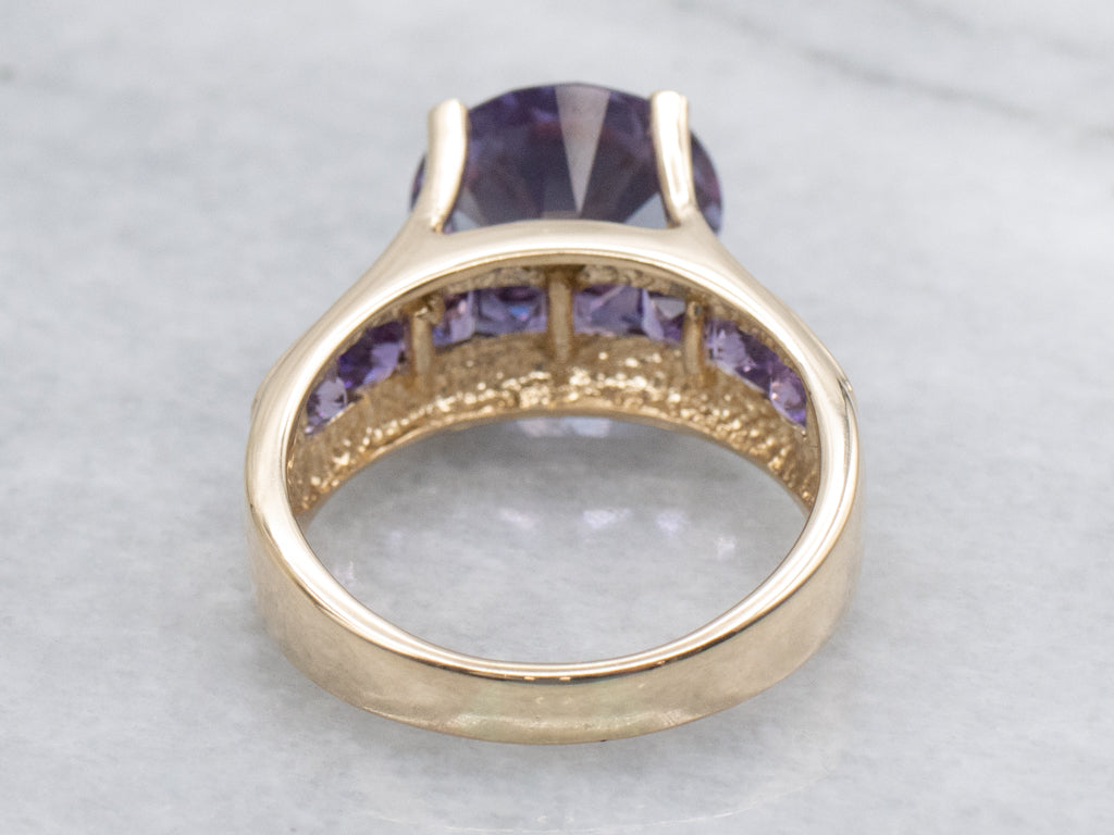 Synthetic Alexandrite Yellow Gold Cocktail Ring with Channel Set Amethyst Accents