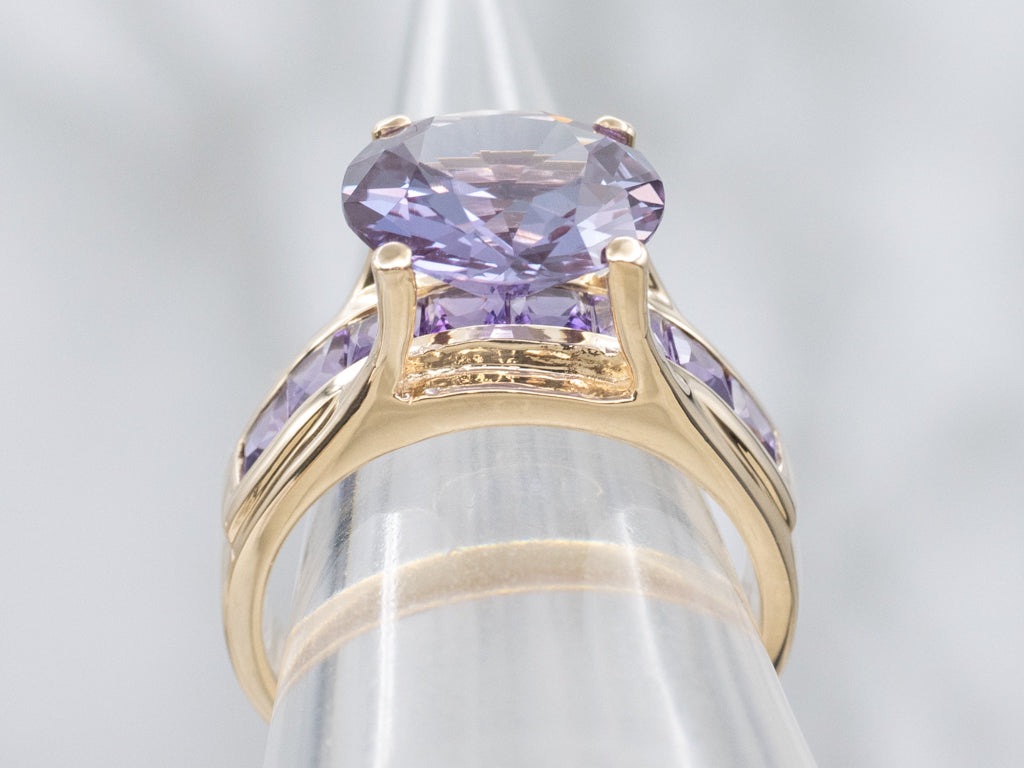 Synthetic Alexandrite Yellow Gold Cocktail Ring with Channel Set Amethyst Accents