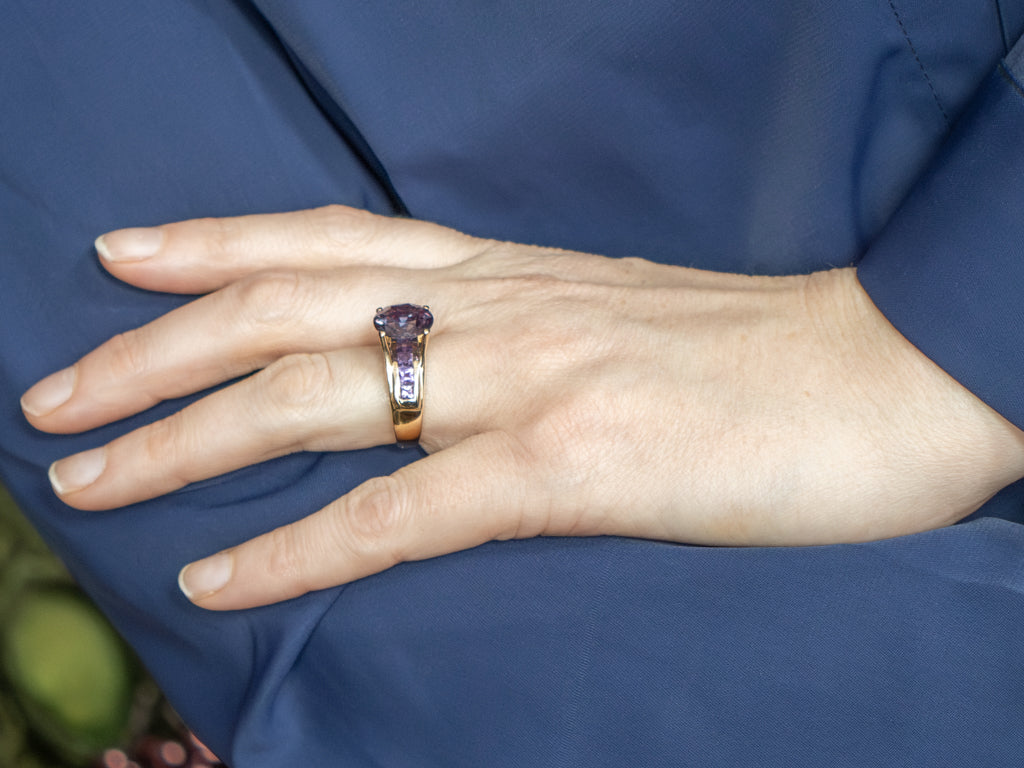 Synthetic Alexandrite Yellow Gold Cocktail Ring with Channel Set Amethyst Accents
