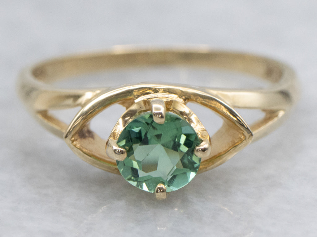Green Tourmaline Open Work Gold Solitaire Ring