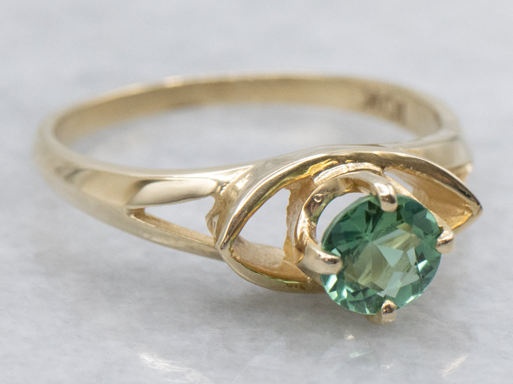 Green Tourmaline Open Work Gold Solitaire Ring
