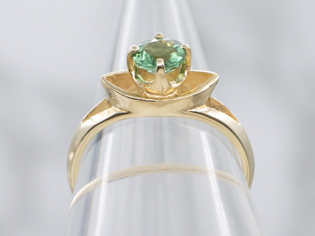 Green Tourmaline Open Work Gold Solitaire Ring
