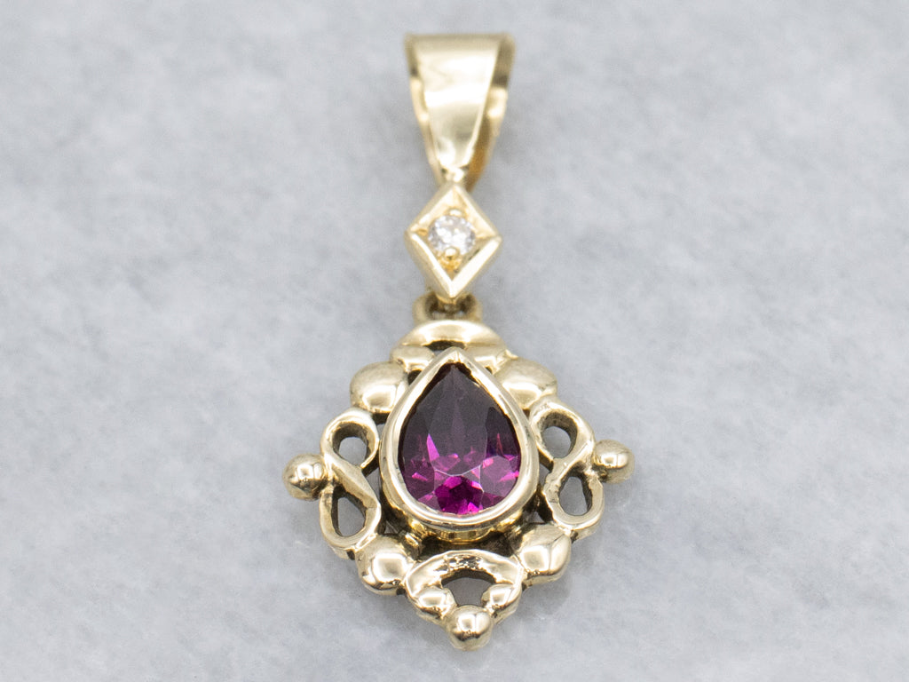 Rhodolite Garnet and Diamond Yellow Gold Pendant