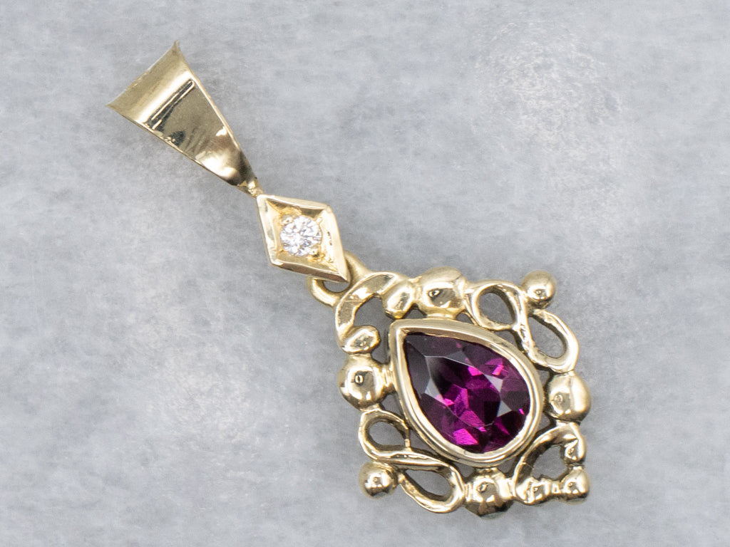 Rhodolite Garnet and Diamond Yellow Gold Pendant