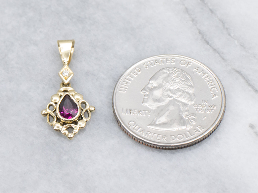 Rhodolite Garnet and Diamond Yellow Gold Pendant
