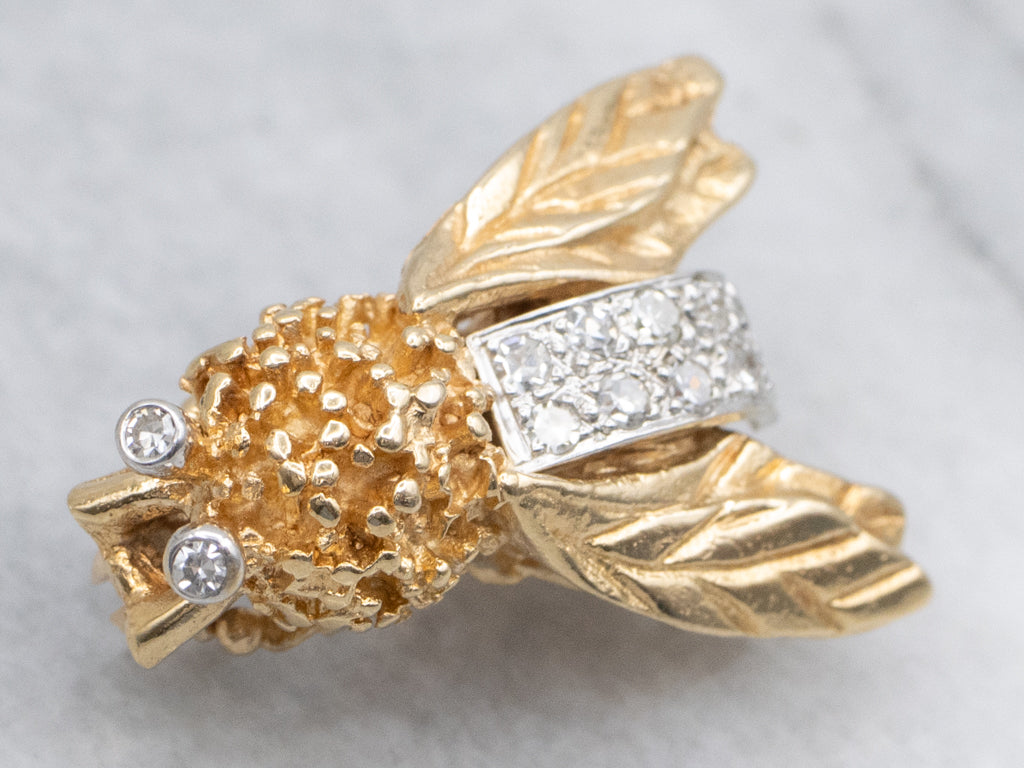 Diamond Yellow Gold and Platinum Flying Insect Pin