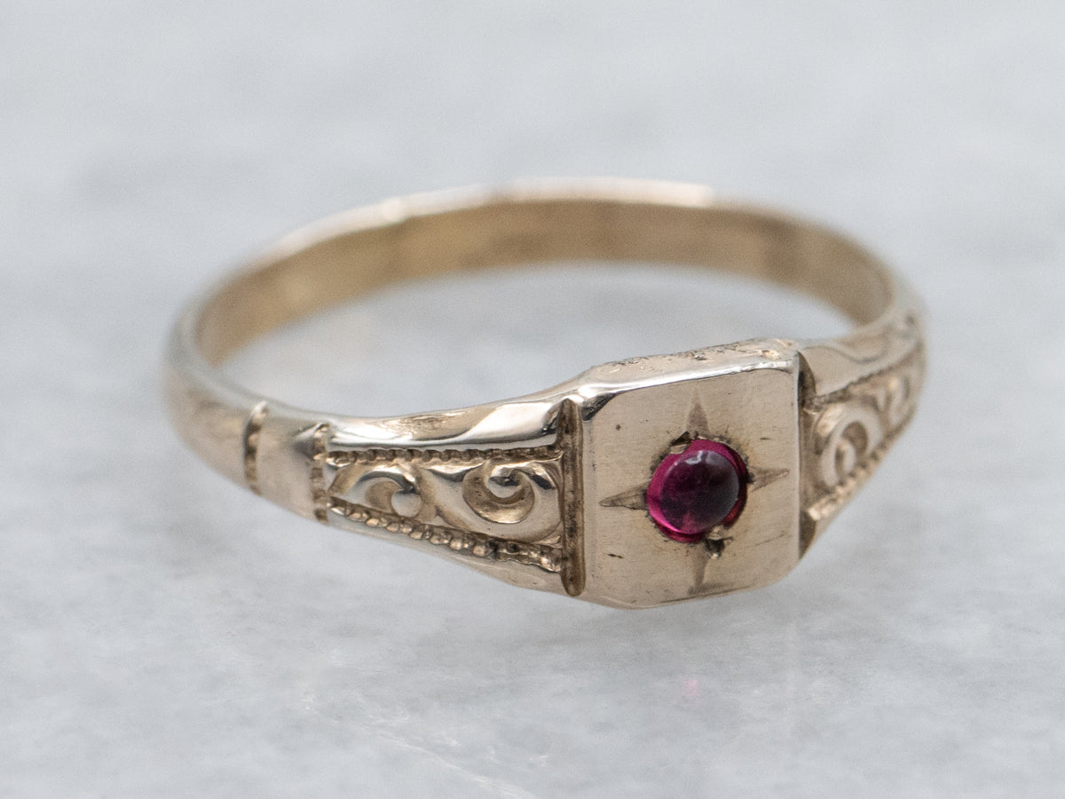 Antique Flush Set Garnet Engraved Gold Baptism Ring